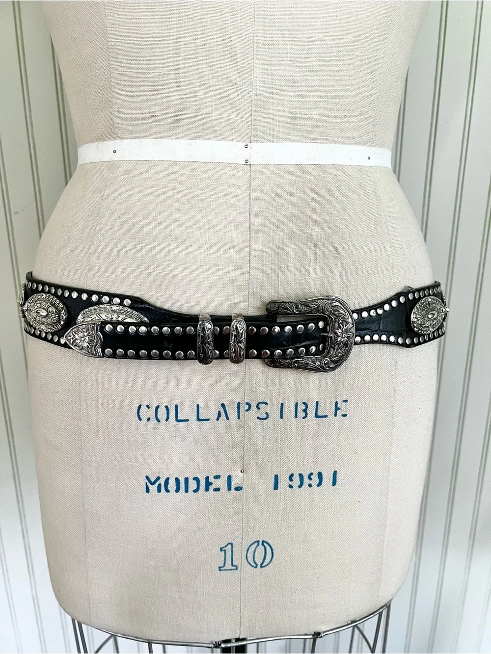 Authentic Vintage Leather Concho Western Black & Silver Belt